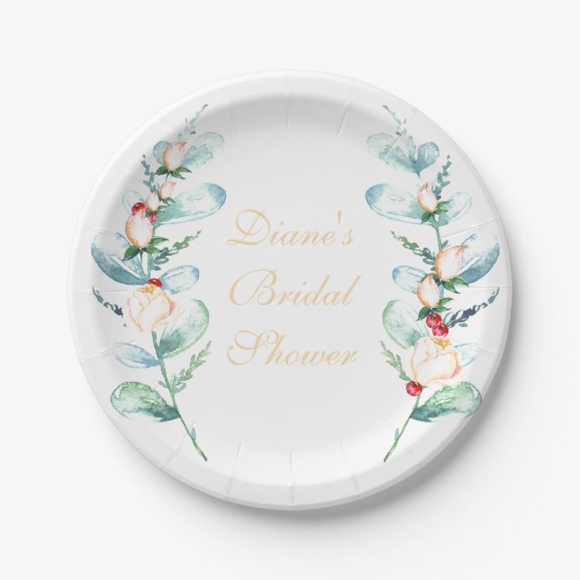 Rose and Berry Watercolor Stems Paper Plate (Front)