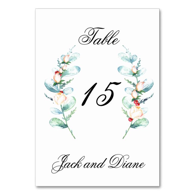 Rose and Berry Watercolor Stems Table Number (Front)