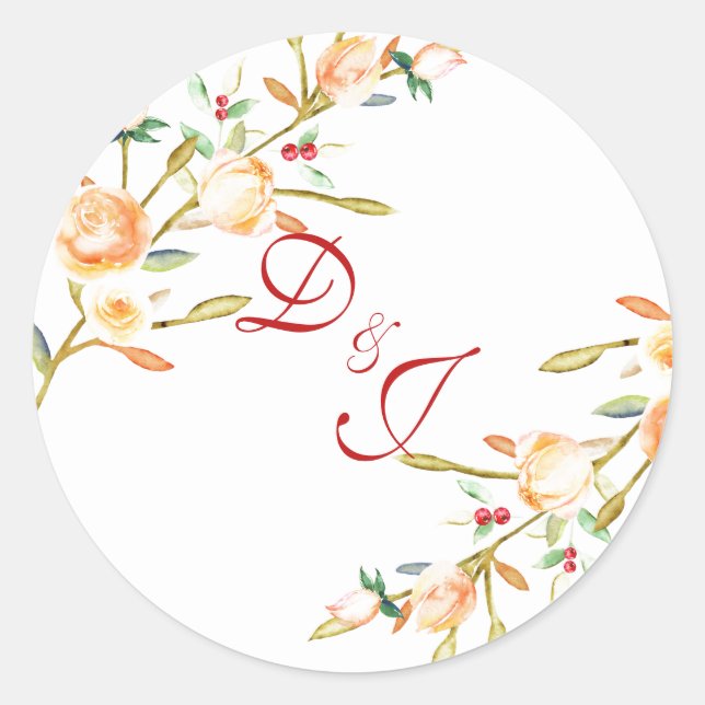 Rose and Berry Watercolor Stems Wedding Classic Round Sticker (Front)