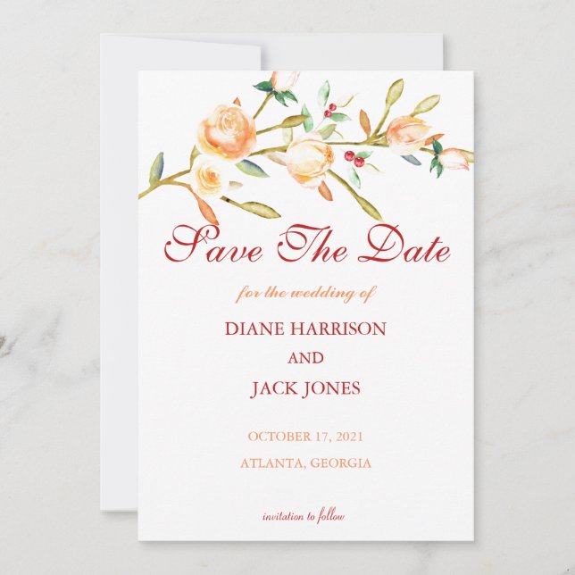 Rose and Berry Watercolor Stems Wedding Invitation (Front)