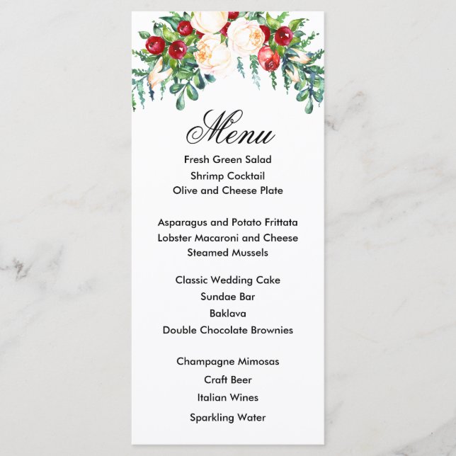 Rose and Berry Watercolor Stems Wedding Menu (Front)