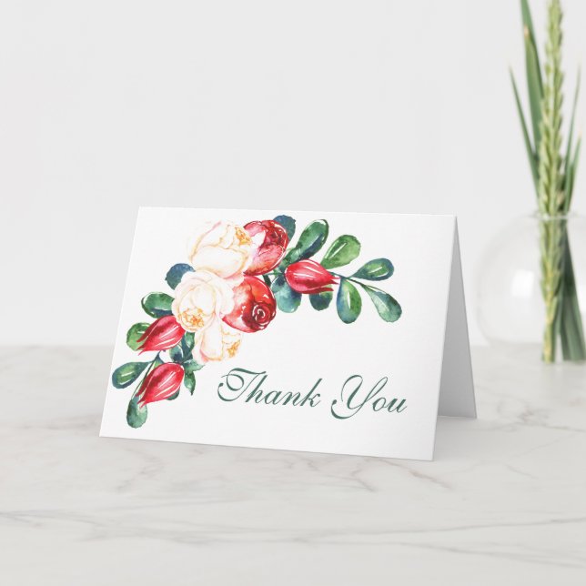 Rose and Berry Watercolor Stems Wedding Thank You Card (Front)