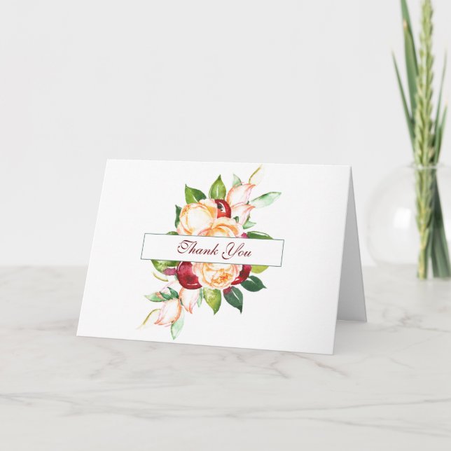 Rose and Berry Watercolor Stems Wedding Thank You Card (Front)