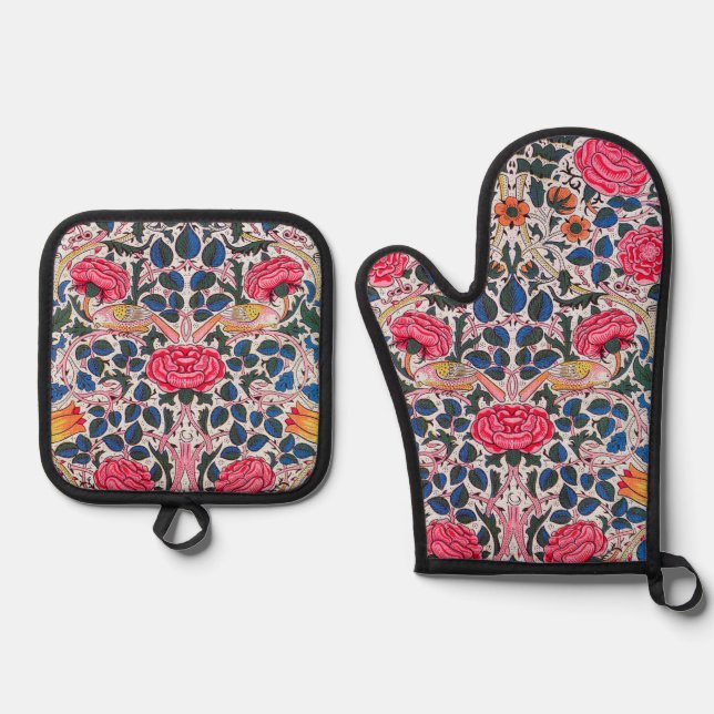 Rose and Bird, William Morris Oven Mitt & Pot Holder Set (Front)