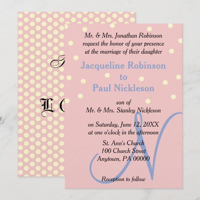 Rose and Blue Monogram Wedding Polka Dots Invitation (Front/Back)