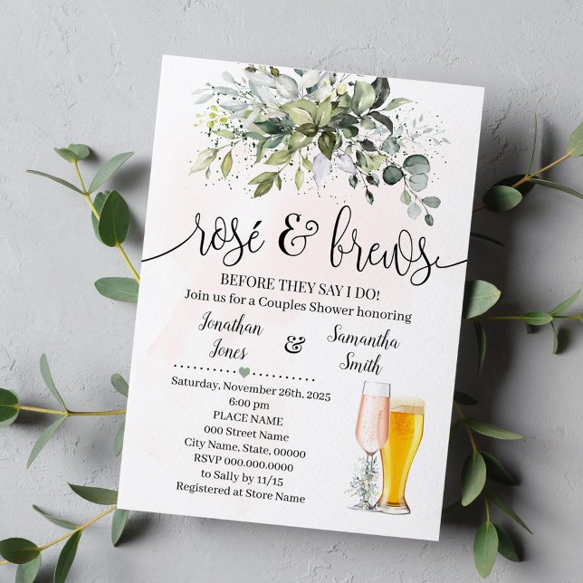 Rose and Brews Couples Shower Eucalyptus Greenery Invitation (Creator Uploaded)