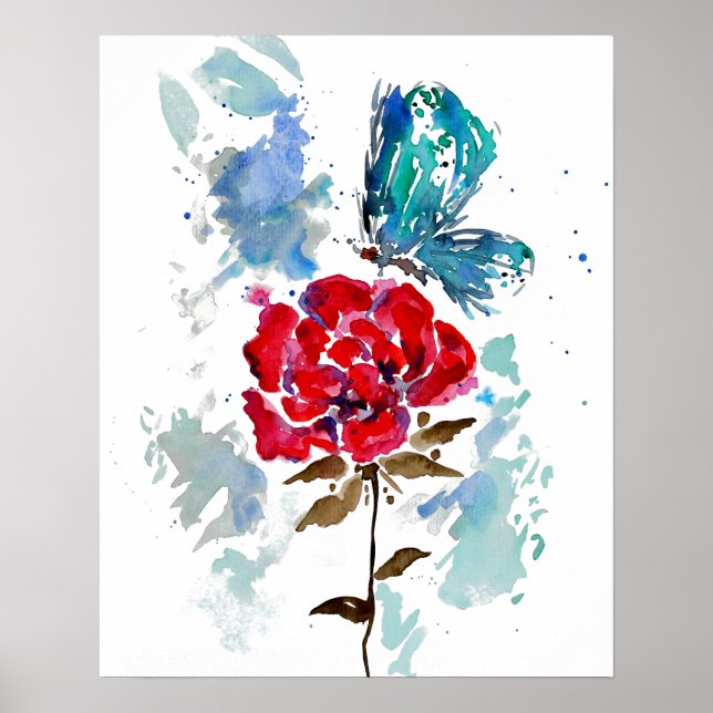 Rose and Butterfly Watercolor Poster Print (Front)