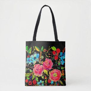 Rose and Cherry Blossom Black Tote Bag