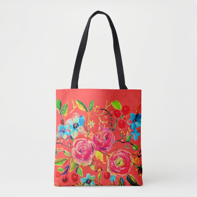 Rose and Cherry Blossom Vermillion Tote Bag (Front)