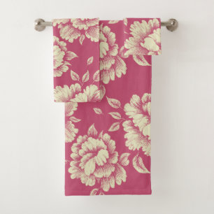 Rose and Cream Peony Toile - French Country Decor Bath Towel Set