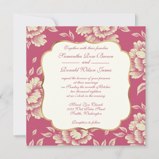 Rose and Cream Peony Toile - French Country Decor Invitation (Front)