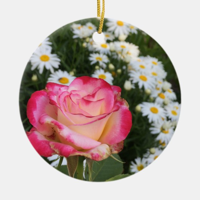 Rose and Daisies Ceramic Tree Decoration (Front)
