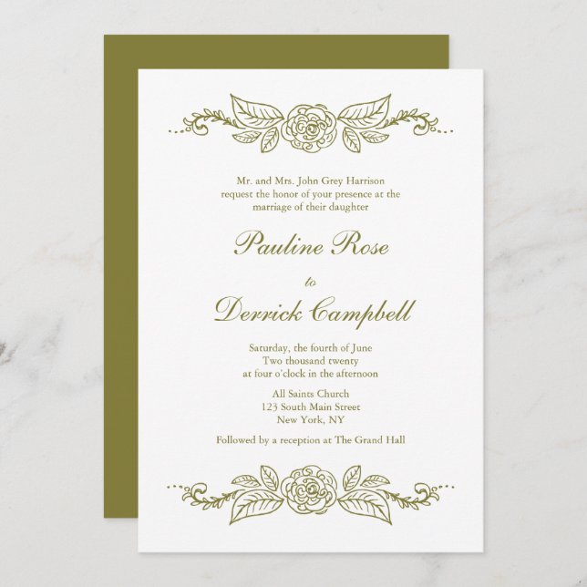 Rose and  Fleurons Green Wedding Invitation (Front/Back)
