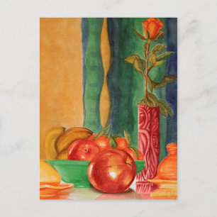 rose and fruits still life watercolor postcard