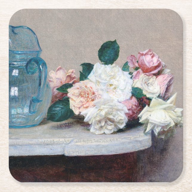 Rose and Glass Jug, Henri Fantin-Latour Square Paper Coaster (Front)