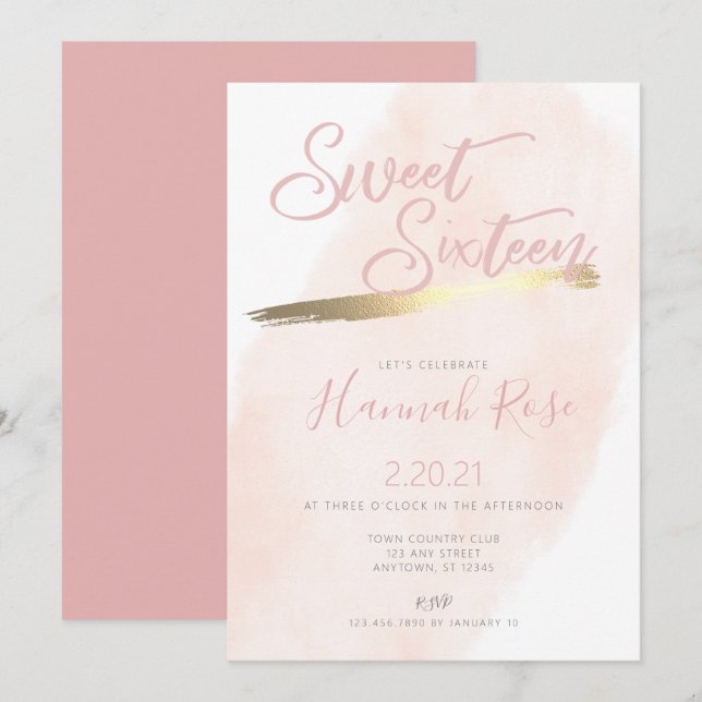 Rose and Gold Watercolor Sweet 16 Birthday Invitation (Front/Back)