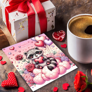 Rose and Heart Raccoon Valentines Card