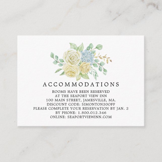 Rose and Hydrangea Floral Wedding Accommodation Enclosure Card (Front)