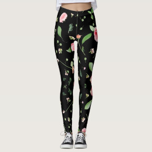 Rose and leaves on romantic black background leggings