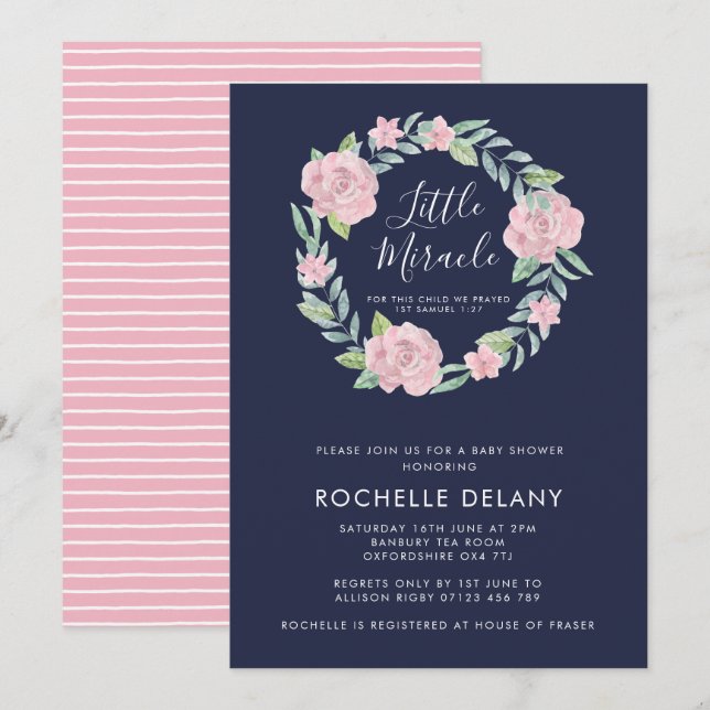 Rose and Leaves Wreath Little Miracle Baby Shower Invitation (Front/Back)