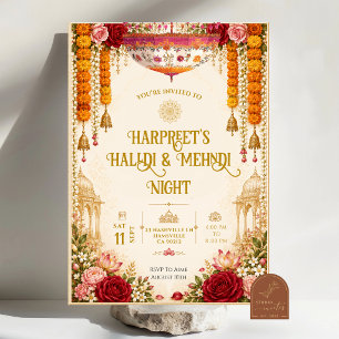 Rose and Marygold Floral Mendhi Night Ceremony Invitation