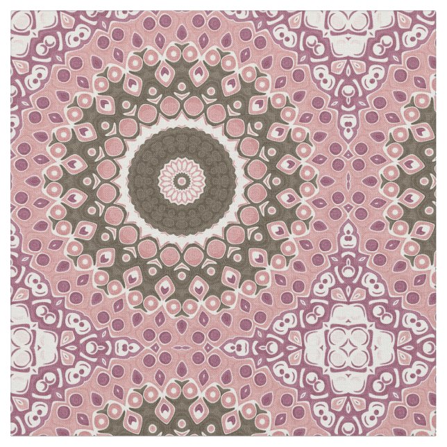 Rose and Mocha Mandala Pattern Floral Geometry Fabric (Close Up)