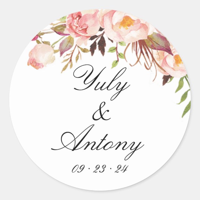 Rose and Peach Modern Watercolor Wedding  Classic Round Sticker (Front)