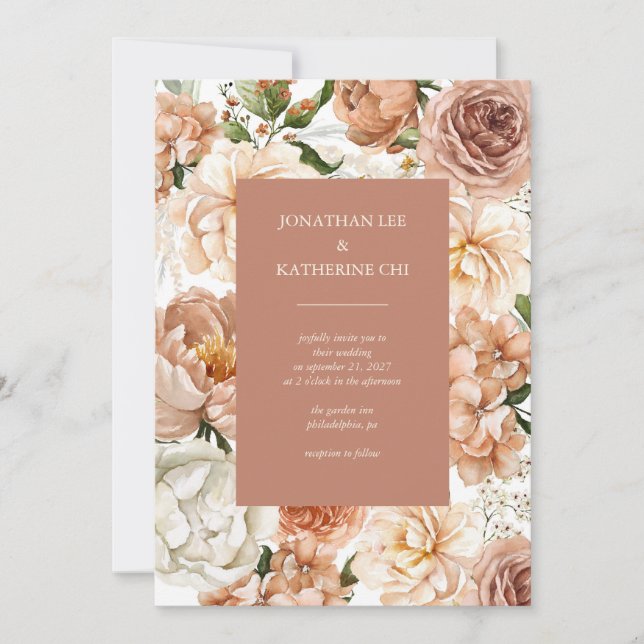 Rose and Peonies Terracotta Elegant Floral Invitation (Front)