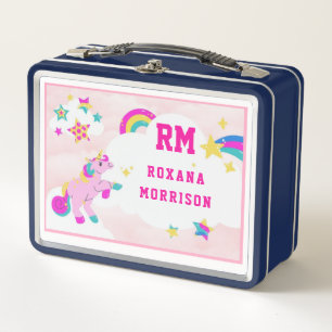ROSE AND PINK AND WINGED UNICORN LUNCH BLUE METAL LUNCH BOX