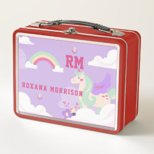 ROSE AND PINK  AND WINGED UNICORN LUNCH RED METAL LUNCH BOX