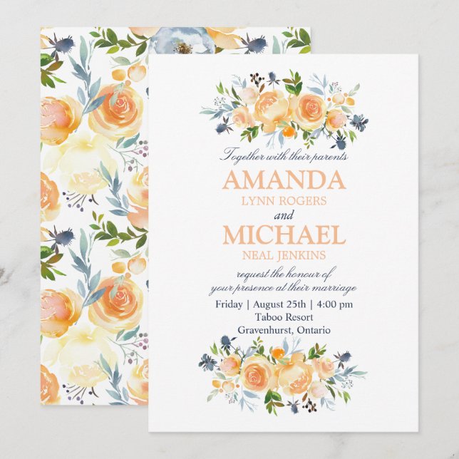 Rose and Thistle Watercolor Floral Wedding Invitation (Front/Back)