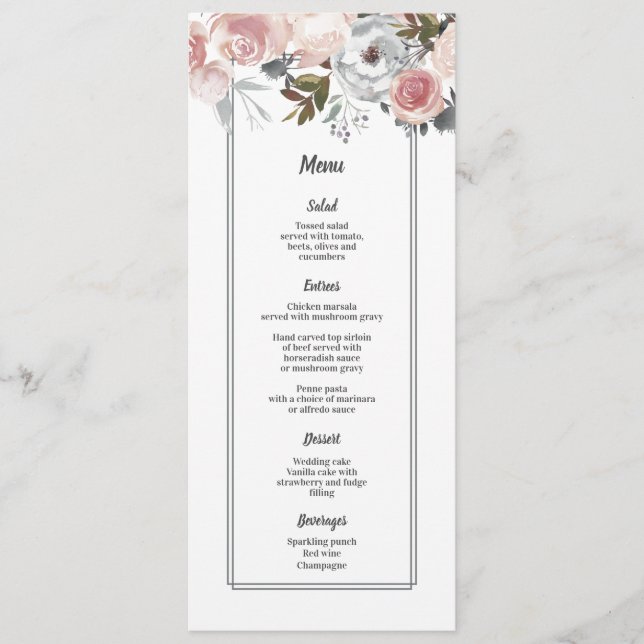 Rose and Thistle Watercolor Wedding Menu Card (Front)