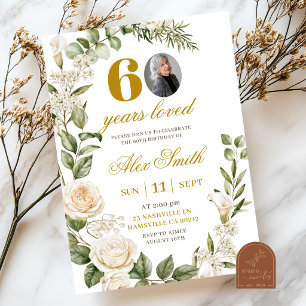 Rose and White Lily Adult Woman Birthday Photo Invitation