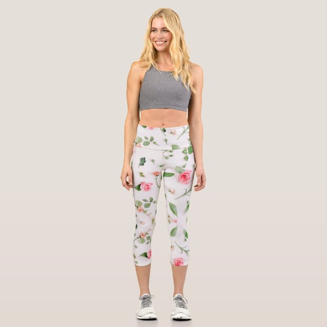 Rose and zinnia floral pattern on white background capri leggings (Front)