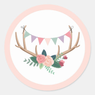 Rose Antlers & Party Bunting Girl's Birthday Classic Round Sticker