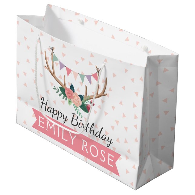 Rose Antlers & Party Bunting Girl's Birthday Large Gift Bag (Front Angled)