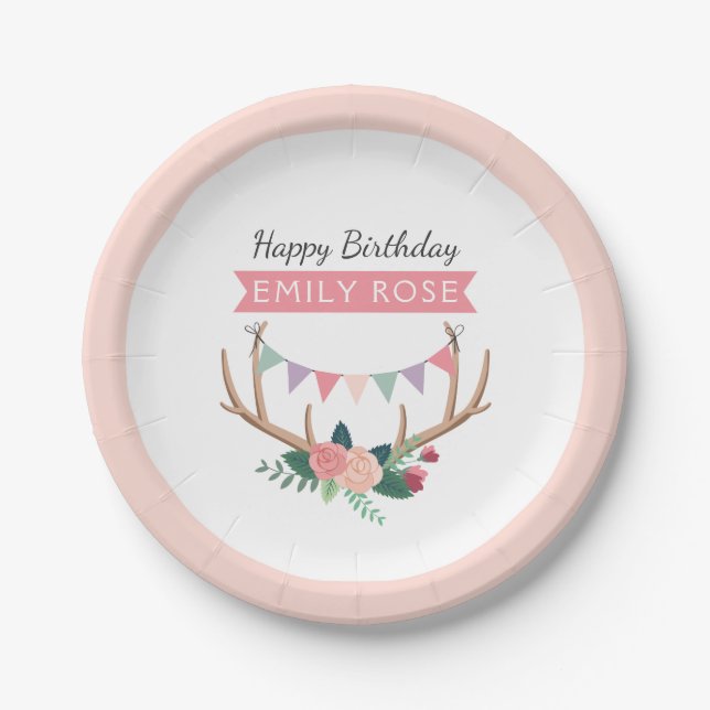 Rose Antlers & Party Bunting Girl's Birthday Paper Plate (Front)