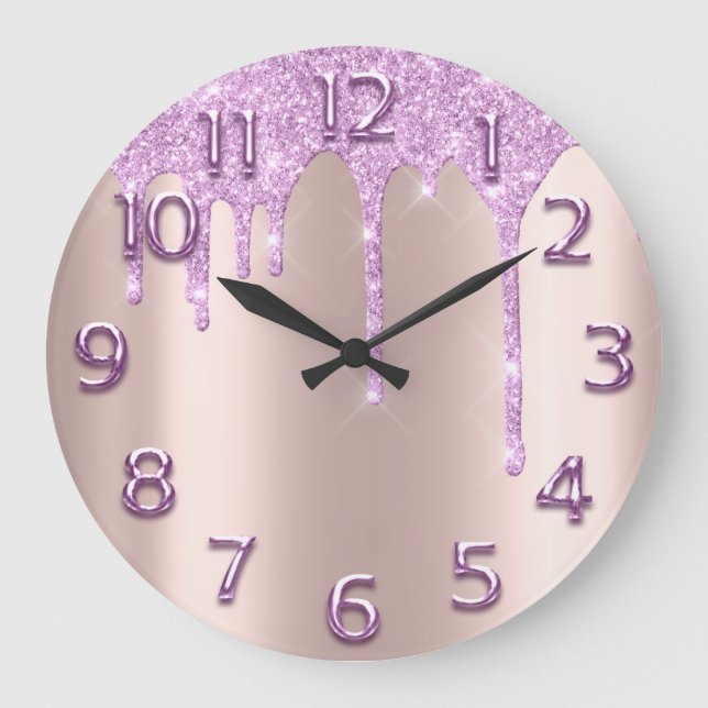 Rose Arabic NumberElegant Drips Pink Glitter Large Clock (Front)