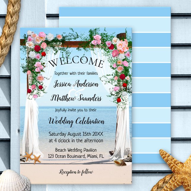 Rose Arbor Beach Wedding Invitation (Beach wedding invitation featuring a pretty scene of a rose arbor and a view on the ocean)