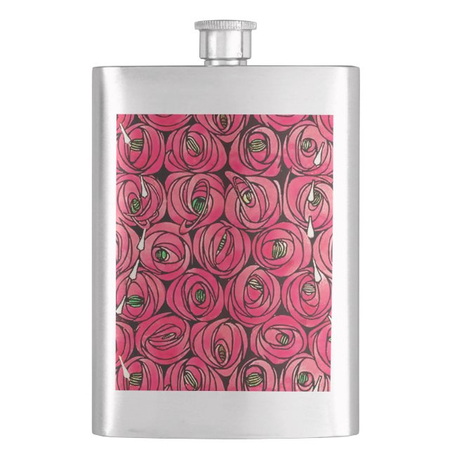 Rose Art Nouveau Rennie Macintosh Graphic Hip Flask (Front)