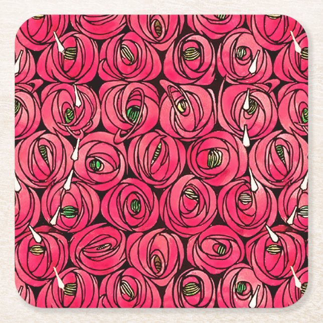 Rose Art Nouveau Rennie Macintosh Graphic Square Paper Coaster (Front)