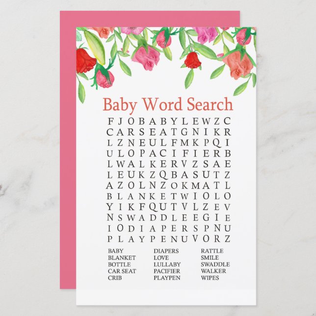 Rose Baby Shower Word Search Game (Front/Back)