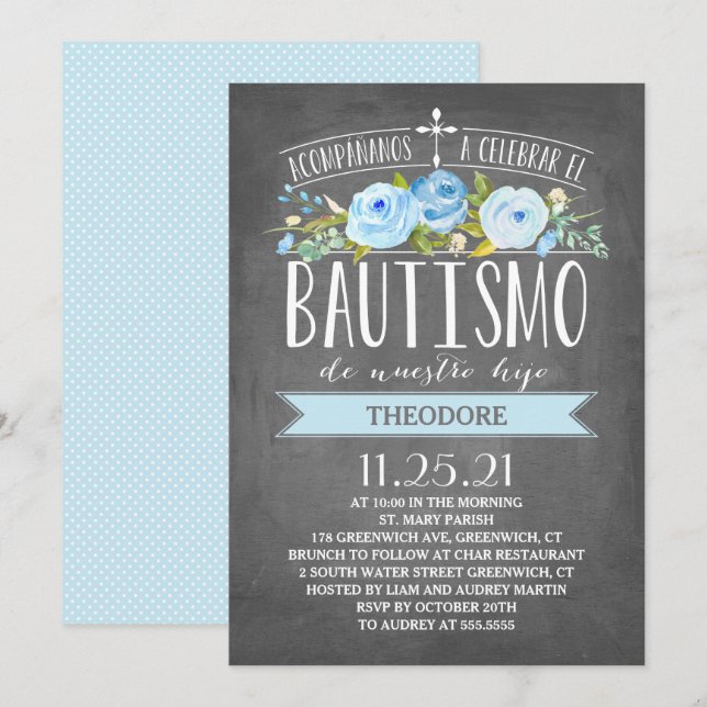 Rose Banner Blue Chalkboard | Spanish Bautismo Invitation (Front/Back)