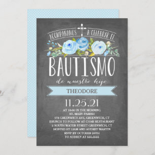 Rose Banner Blue Chalkboard   Spanish Bautismo Invitation