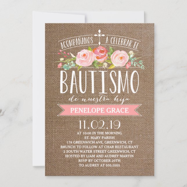 Rose Banner Burlap | Spanish Bautismo Invitation (Front)