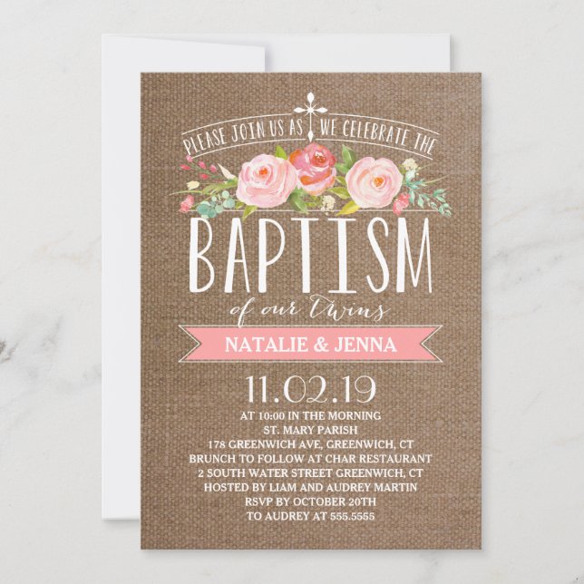 Rose Banner Burlap | Twins Baptism Invitation (Front)