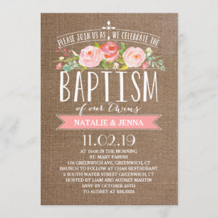 Rose Banner Burlap Twins Baptism Invitation