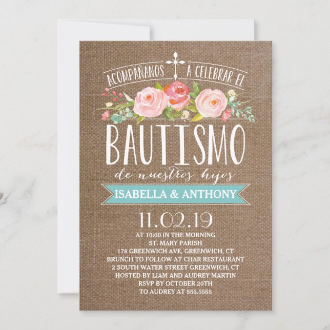 Rose Banner Burlap Twins | Spanish Bautismo Invitation (Front)