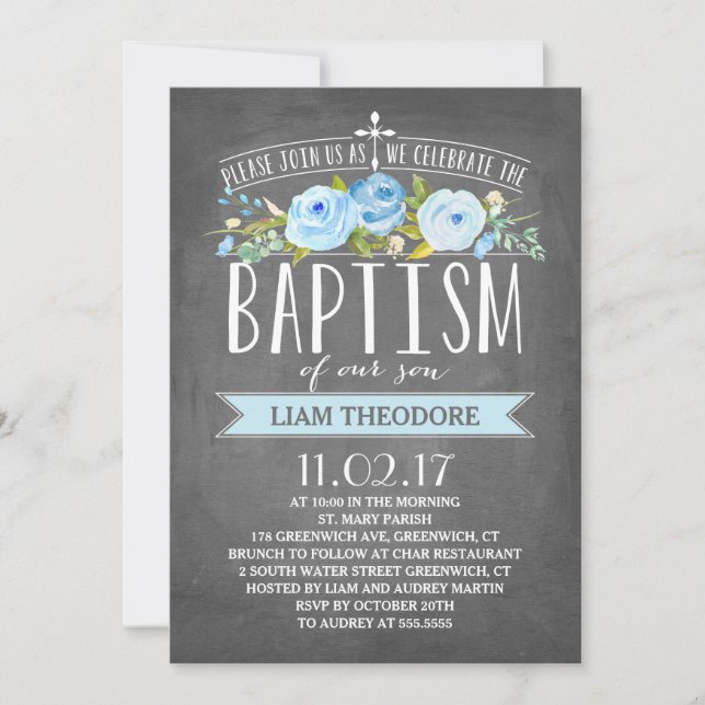 Rose Banner Chalkboard | Blue Baptism Invitation (Front)