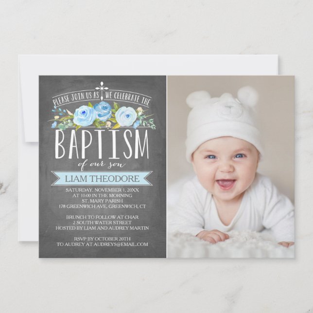 Rose Banner Chalkboard Blue Baptism Invitation (Front)